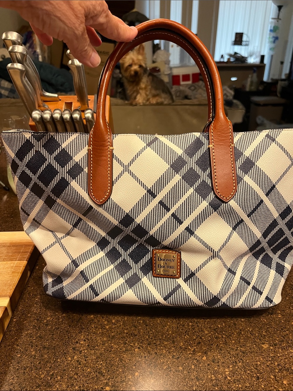 Dooney & Bourke Navy and White Plaid Tote with Brown Leather Handles